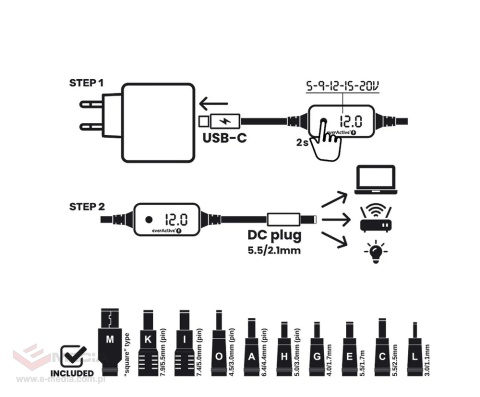 Uniwersalny zasilacz, selektor napięcia USB-C PD - DC 5V, 9V, 12V, 15V, 20V, 10 wtyków, everActive AD-PD65