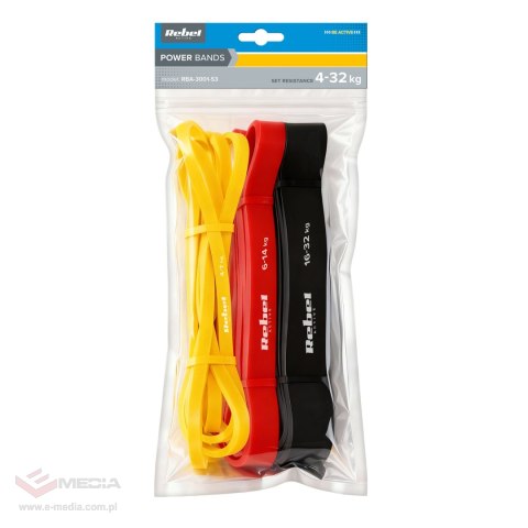 Zestaw gum do ćwiczeń TPE - Power Band PT-S3, 4-32 kg, 3 gumy TPE, REBEL ACTIVE