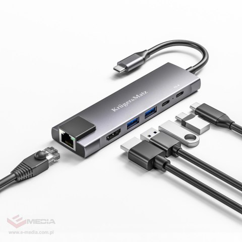 Adapter (HUB) USB typu C na HDMI/2x USB3.0/2x USB typu C/RJ45