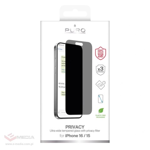 Szkło hartowane Puro Privacy Tempered Glass do iPhone 16 / iPhone 15