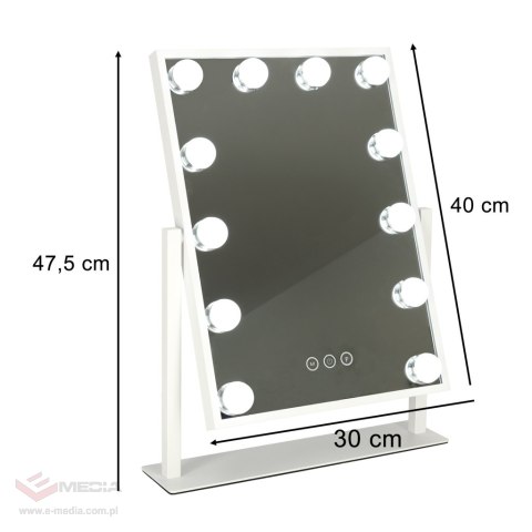 Lusterko do makijażu kosmetyczne podświetlane 12 LED Hollywood z 12 żarówkami USB 30 x 40 cm