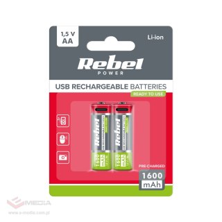Akumulatorki REBEL AA, 1600 mAh, Li-ion,1,2V, 2szt/bl , R6 , gniazdo typ C