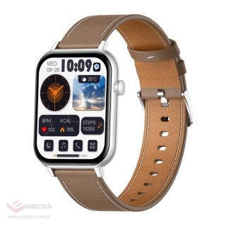 Smartwatch COLMI C28 Srebrny + brązowy skórzany pasek
