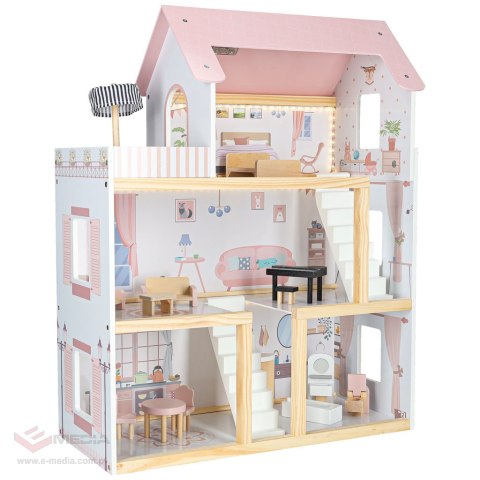 Domek dla lalek drewniany mebelki 78cm róż LED