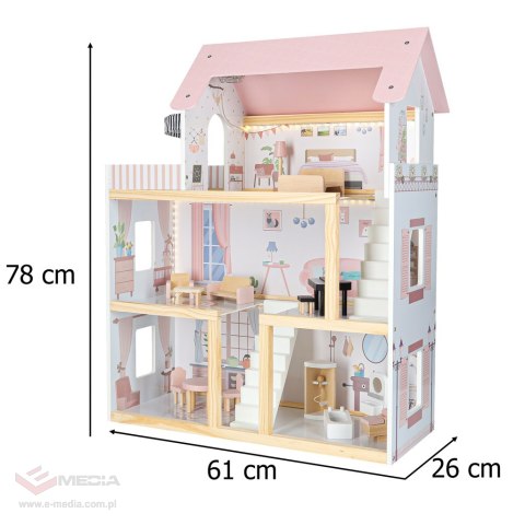 Domek dla lalek drewniany mebelki 78cm róż LED