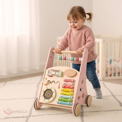 Pchacz dla dziecka chodzik drewniany z liczydłem różowy