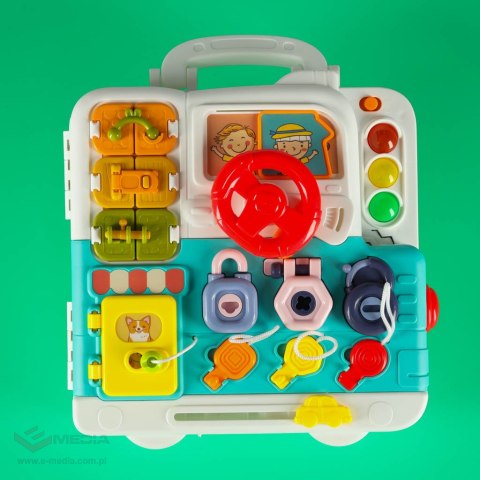 Tablica manipulacyjna sensoryczna montessori walizka pokrętła miś XXL światło dźwięk