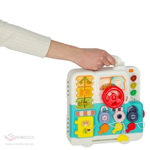 Tablica manipulacyjna sensoryczna montessori walizka pokrętła miś XXL światło dźwięk