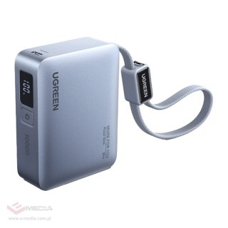 Powerbank 10000mAh Ugreen PB584, USB + USB-C, 33W, wbudowany kabel (szary)