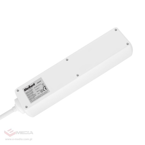 Przedłużacz 4 gniazda 5m typu niemieckiego z przełącznikiem (3x1,5mm) Rebel biały
