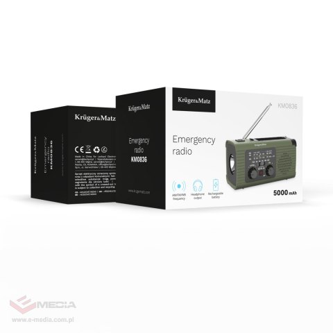 Radio solarne, przenośne radio awaryjne SOS, powerbank 5000mAh, latarka, dynamo, Kruger&Matz