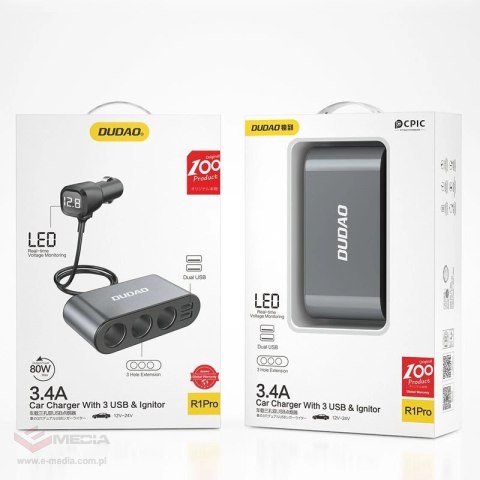 Dudao ładowarka samochodowa 2x USB / 3x rozdzielacz gniazda zapalniczki czarny (R1Pro black)