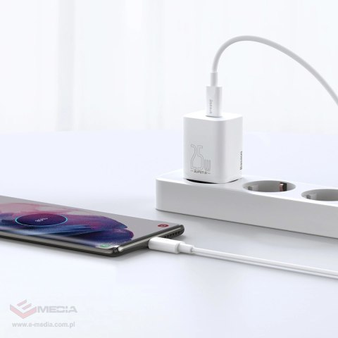 Szybka ładowarka sieciowa Baseus Si USB-C 25W 3A z kablem USB-C / USB-C 1m - biały