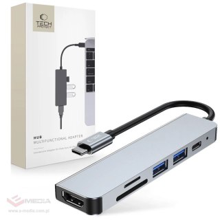 HUB Tech-Protect V4 6w1 USB-C - USB-A 3.0 / USB-A 2.0 / USB-C / HDMI / czytnik kart micro SD / TF / SD - szary