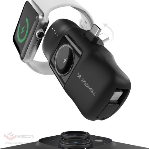 Mini powerbank Wozinsky WF16-YCS 5000mAh 15W USB-C z wbudowanym kablem USB-C i ładowarką do Apple Watch - czarny