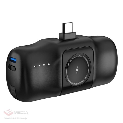Mini powerbank Wozinsky WF16-YCS 5000mAh 15W USB-C z wbudowanym kablem USB-C i ładowarką do Apple Watch - czarny