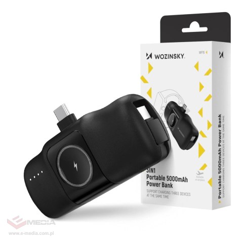 Mini powerbank Wozinsky WF16-YCS 5000mAh 15W USB-C z wbudowanym kablem USB-C i ładowarką do Apple Watch - czarny