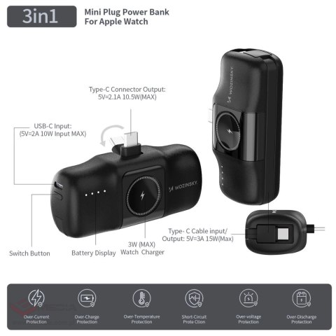 Mini powerbank Wozinsky WF16-YCS 5000mAh 15W USB-C z wbudowanym kablem USB-C i ładowarką do Apple Watch - czarny