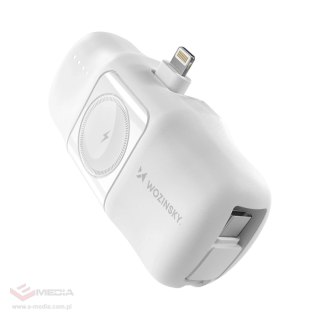 Mini powerbank Wozinsky WF16-YLS 5000mAh 15W Lightning z wbudowanym kablem USB-C i ładowarką do Apple Watch - biały