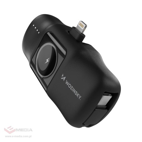 Mini powerbank Wozinsky WF16-YLS 5000mAh 15W Lightning z wbudowanym kablem USB-C i ładowarką do Apple Watch - czarny