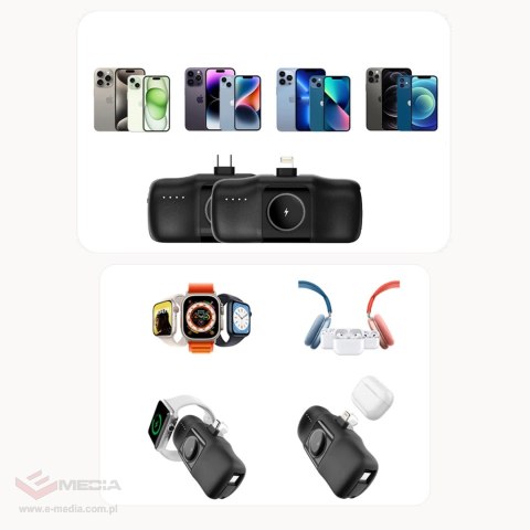 Mini powerbank Wozinsky WF16-YLS 5000mAh 15W Lightning z wbudowanym kablem USB-C i ładowarką do Apple Watch - czarny