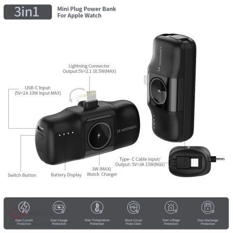 Mini powerbank Wozinsky WF16-YLS 5000mAh 15W Lightning z wbudowanym kablem USB-C i ładowarką do Apple Watch - czarny