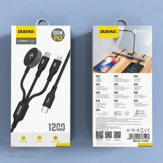 Kabel z ładowarką do Apple Watch Dudao A12Max+ PD 100W 3w1: USB-C Lightning 1,2m - czarny