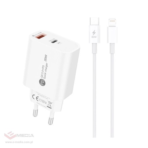 Ładowarka sieciowa A6MaxL 20W USB-A USB-C z kablem USB-C - Lightning 1m - biała
