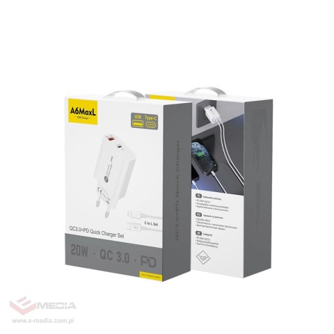 Ładowarka sieciowa A6MaxL 20W USB-A USB-C z kablem USB-C - Lightning 1m - biała