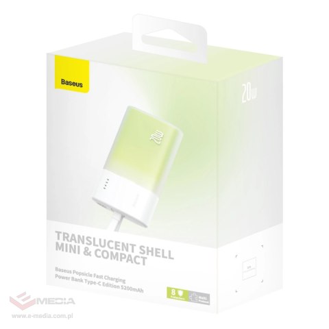 Powerbank Baseus Popsicle 5200mAh 20W z wbudowanym kablem Lightning (+ biały kabel Baseus Simple USB-C - USB-C 60W/20V/3A/30cm) 