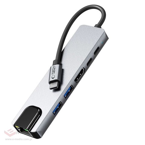 Adapter Tech-Protect HB02 HUB Adapter 6w1 USB-C + USB2.0 + USB3.0 + HDMI 4K 30Hz + RJ45 + PD100W - szary