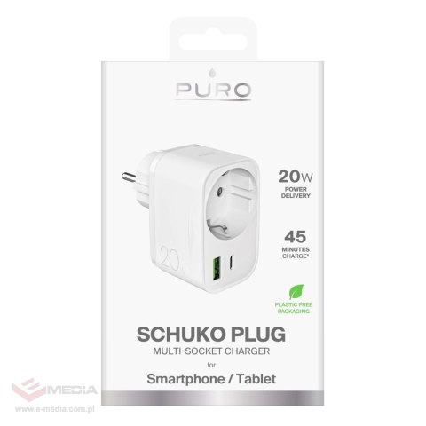 Ładowarka Puro 20W Power Delivery z wtyczką i gniazdem Schuko 1x USB-C + 1x USB-A - biała