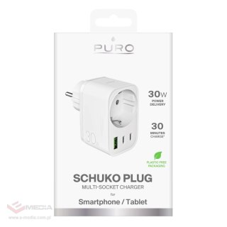 Ładowarka Puro 30W Power Delivery z wtyczką i gniazdem Schuko 2x USB-C + 1x USB-A - biała