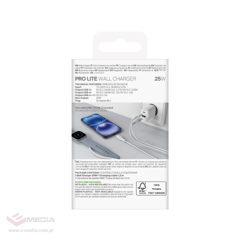 Ładowarka sieciowa Puro PROLITE 25W USB-A / USB-C + kabel USB-C - USB-C 1.2m - biała