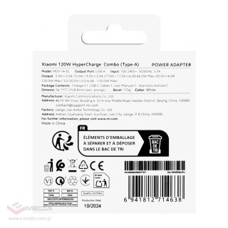 Ładowarka sieciowa Xiaomi BHR9462EU 120W 6A USB-A z kablem USB-C - biała