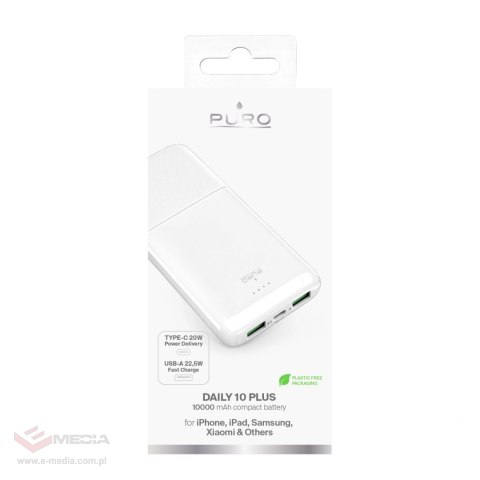 Powerbank Puro DAILY 10 PLUS 10000mAh 2x USBA / 1x USB-C 22.5W - biały