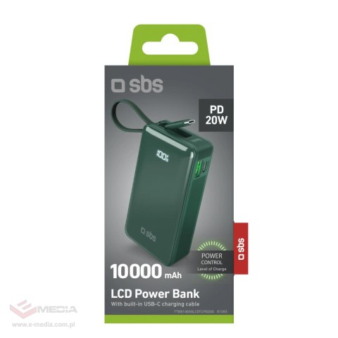 Powerbank SBS 10000 mAh 20W z wbudowanym kablem USB-C i wyświetlaczem cyfrowym - zielony