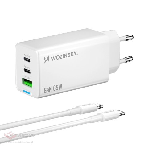 Wozinsky ładowarka GaN 65W z portami USB-A 2xUSB-C z kablem USB-C 65W - biała