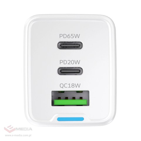 Wozinsky ładowarka GaN 65W z portami USB-A 2xUSB-C z kablem USB-C 65W - biała