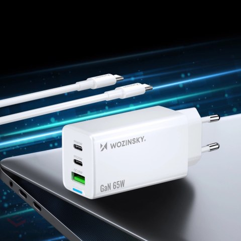 Wozinsky ładowarka GaN 65W z portami USB-A 2xUSB-C z kablem USB-C 65W - biała