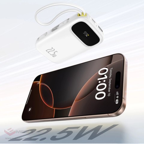 Powerbank Baseus EnerFill FC31 20000mAh 22.5W z wyświetlaczem cyfrowym i 2 wbudowanymi kablami (USB-C + Lightning) - biały