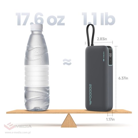 Powerbank Cuktech CUKP200NGLDG 45W 20000mAh z wbudowanym kablem USB-C - szary