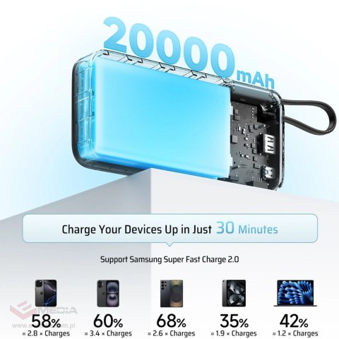 Powerbank Cuktech CUKP200NGLLG 45W 20000mAh z wbudowanym kablem USB-C - biały