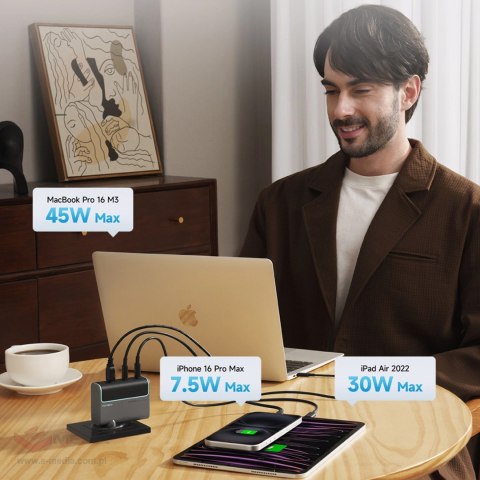 Ładowarka sieciowa Cuktech CUKAD1003EUG GaN 100W 2 x USB-C 1 x USB-A z kablem USB-C -szara