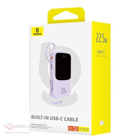 Powerbank Baseus Qpow Pro+ 10000mAh 22.5W z wbudowanym kablem USB-C z wyświetlaczem - fioletowy