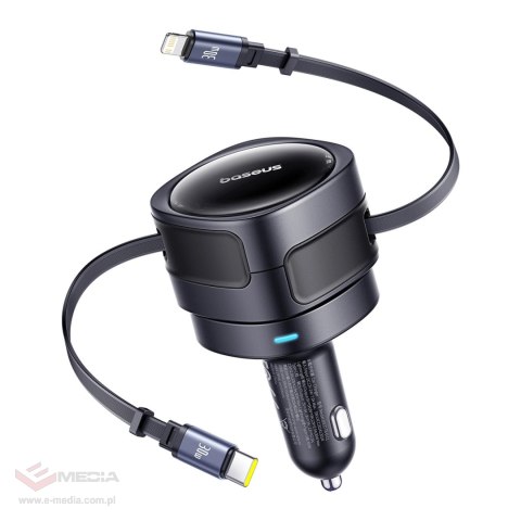 Ładowarka samochodowa Baseus Enjoyment Max 60W ze zwijanymi kablami USB-C i Lightning - czarna