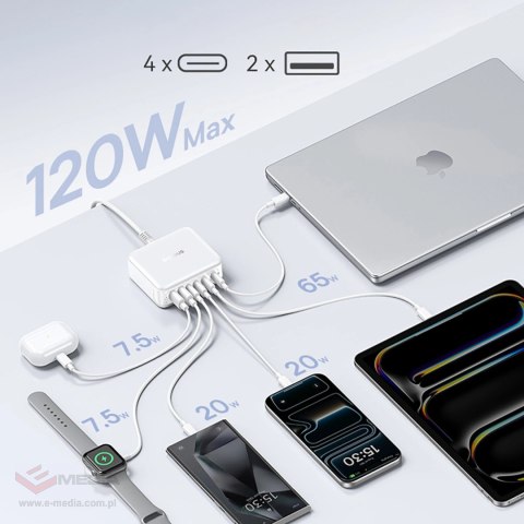 Stacja ładująca Baseus EnerFill FH21 120W 4xUSB-C + 2xUSB-A - biała