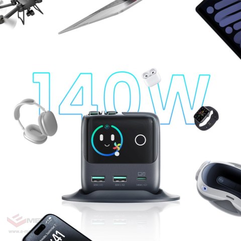 Ładowarka biurkowa Joyroom Podix JR-TRD01 GaN 140W z 5 portami i podwójnymi zwijanymi kablami - szara