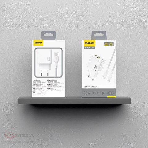 Ładowarka sieciowa Dudao A26TCEU PD QC 25W GaN USB-A USB-C z kablem USB-C - biała
