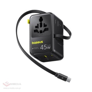 Adapter podróżny Baseus PicoGo AG11 45W 6w1 ze zwijanym kablem USB-C - czarny